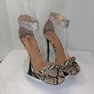 New w/o Box - Faux Snakeskin Stiletto Heel - Rhinestone Ankle Strap - Almond Toe
